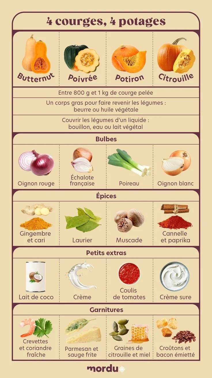 Recettes de potages avec 4 types de courges savoureuses.