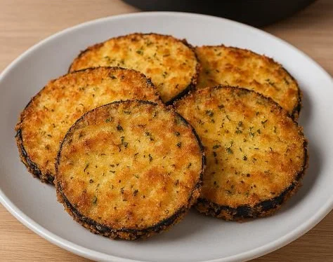 Aubergine panée croustillante cuite au Airfryer, plat savoureux et végétarien.