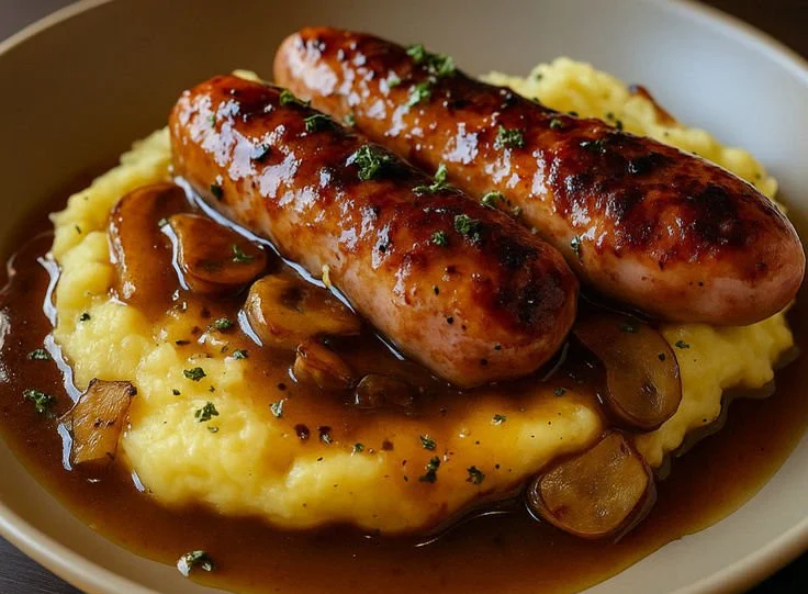 Bangers et Purée avec Sauce à l’Oignon dans un plat traditionnel.