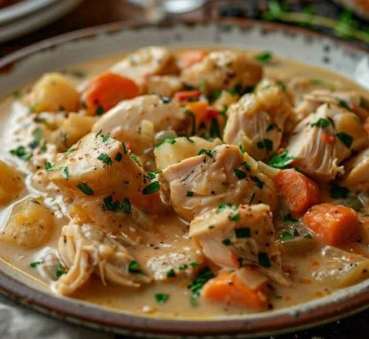 Plat de Blanquette de dinde savoureuse et crémeuse servie dans une assiette.