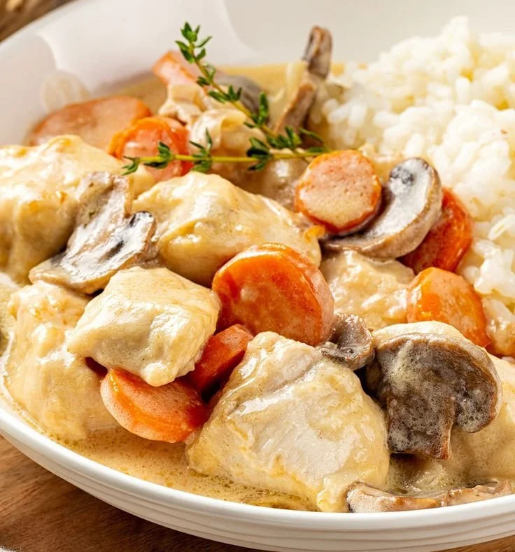 Blanquette de poulet cuisinée au robot Companion, plat savoureux et réconfortant.