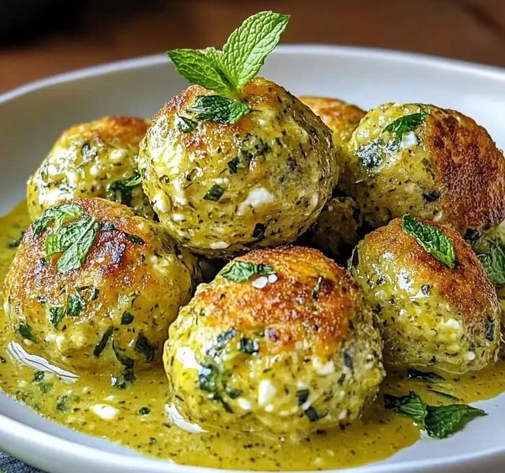 Boulettes de Courgettes et Feta servies avec sauce curry menthe