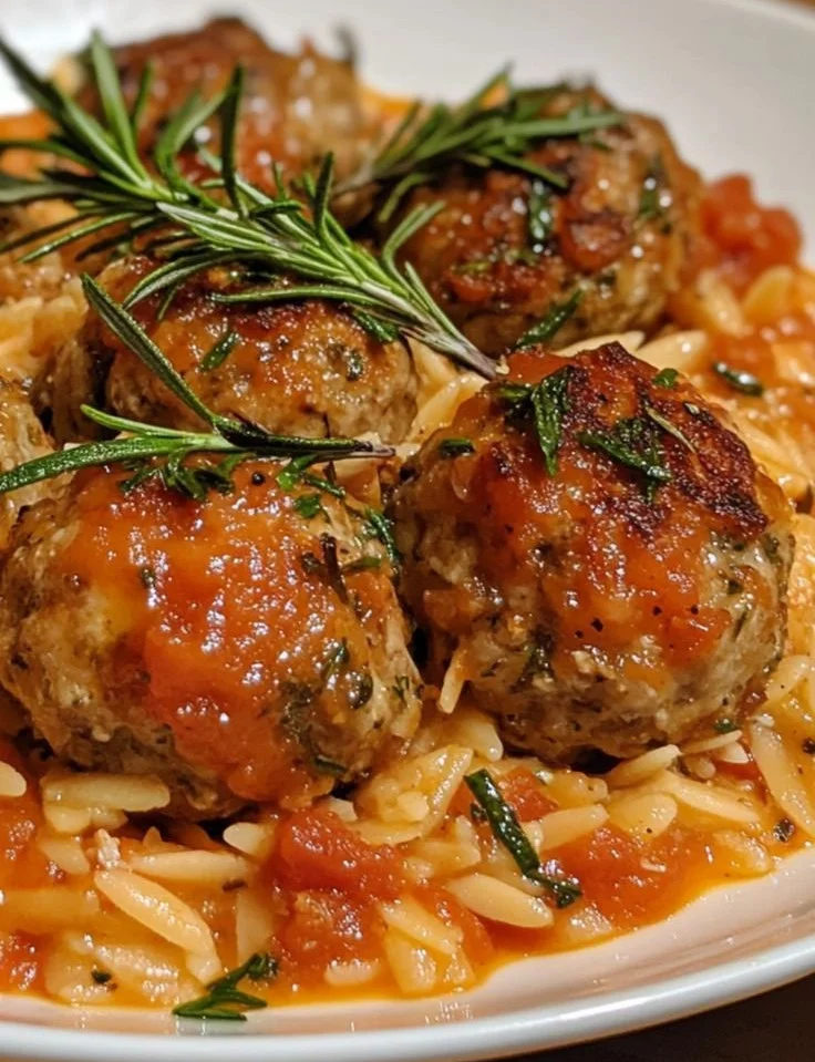 Boulettes de poulet au romarin servies avec orzo dans une sauce tomate