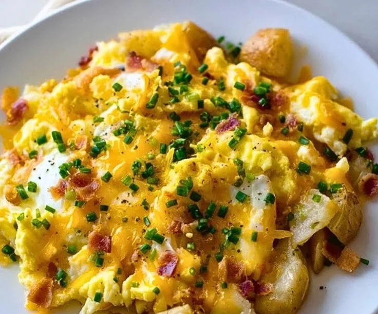 Brouillade de pommes de terre au fromage servie dans une assiette