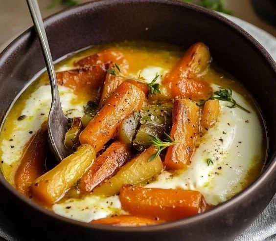 Carottes rôties garnies de yaourt crémeux et d'herbes fraîches