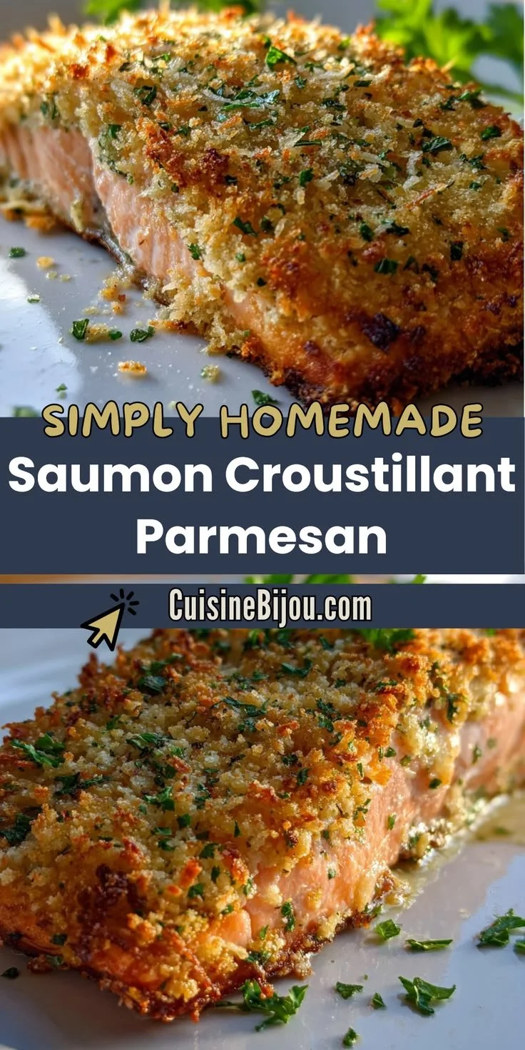 Saumon croustillant au parmesan présenté dans une assiette.