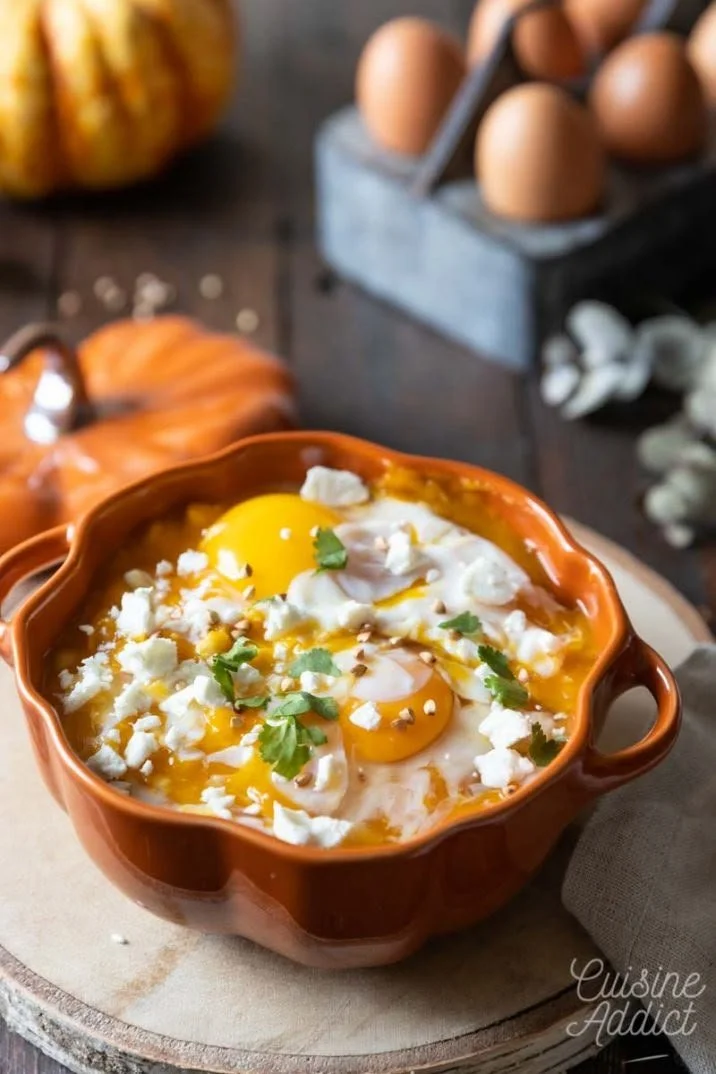 Chakchouka à la courge, plat coloré et savoureux servi dans une poêle en fonte.