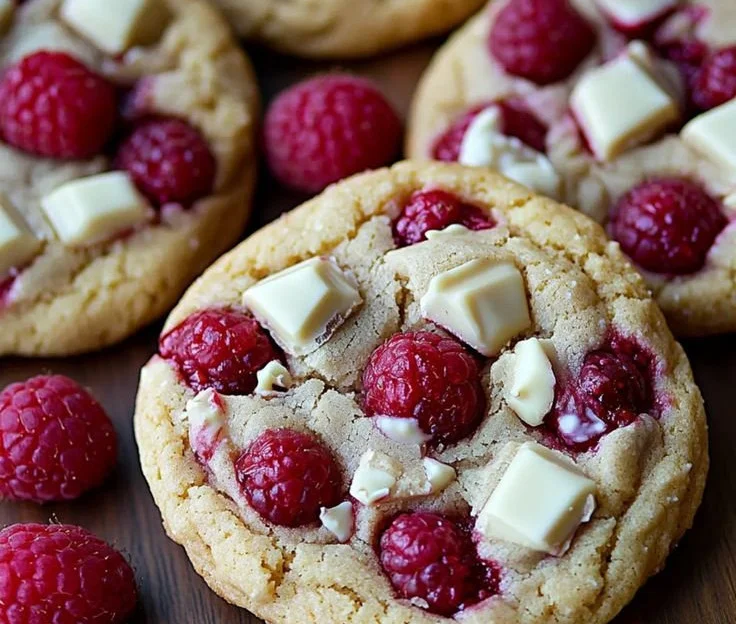 Cookies Framboises et Chocolat Blanc fraîchement cuits sur une assiette colorée
