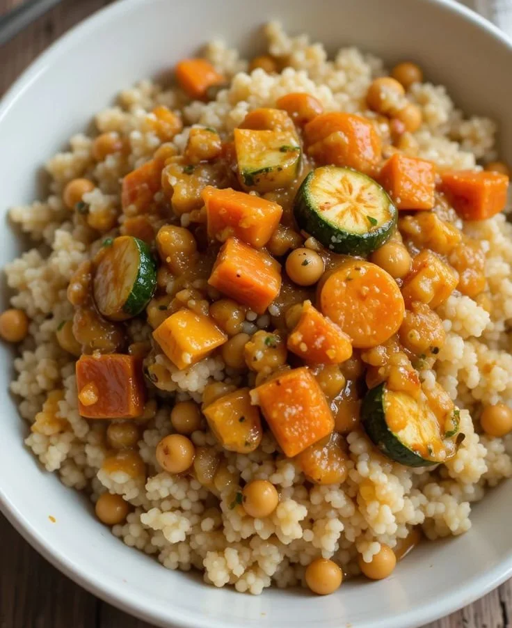 Plat de couscous végétarien avec légumes frais et épices aromatiques.