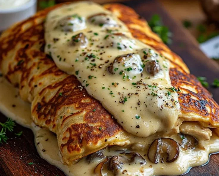 Crêpes roulées au poulet avec champignons et béchamel