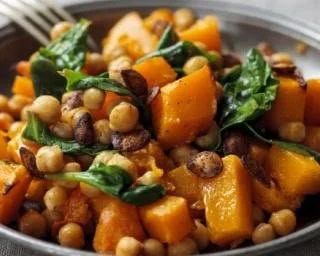 Curry de potiron aux pois chiches Croq’Kilos dans une assiette garnie d'herbes fraîches.