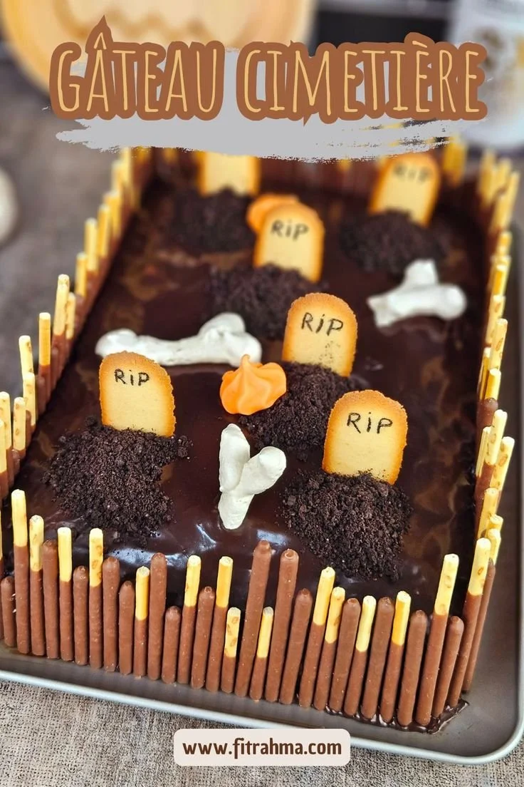 Gâteau cimetière décoré pour Halloween, une recette facile et savoureuse.