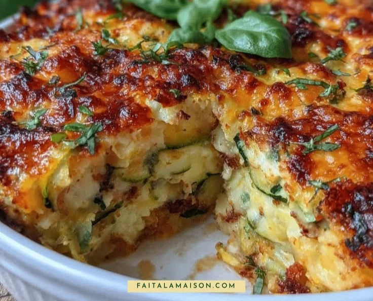 Gratin de courgettes au parmesan et basilic, plat savoureux et coloré.