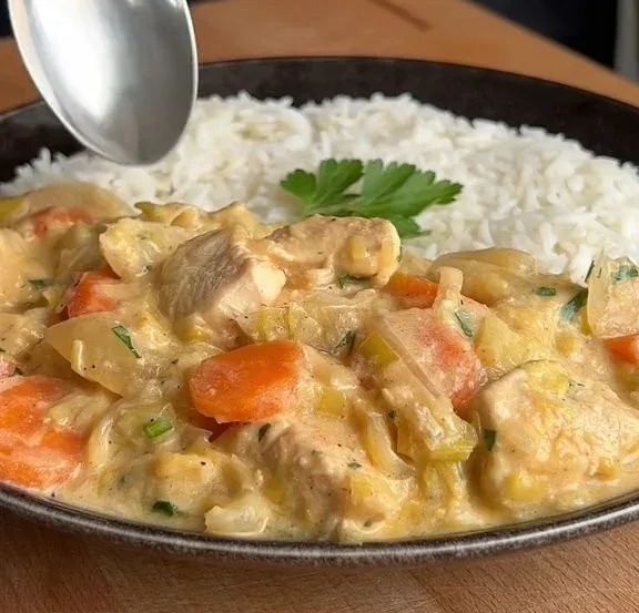 Recette de blanquette de poulet servie dans un plat délicat