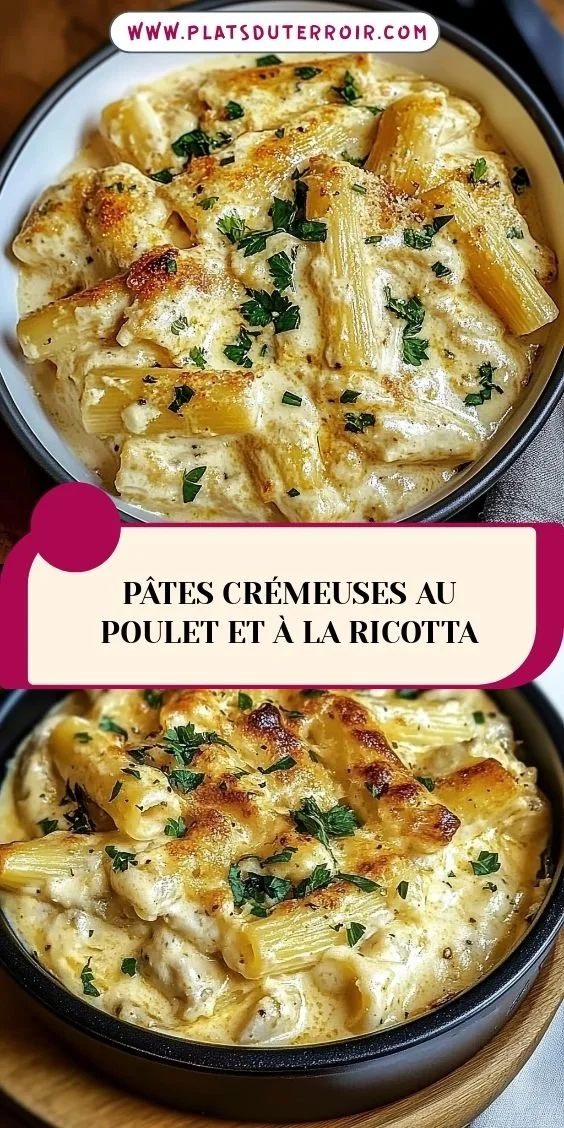 Pâtes crémeuses au poulet et à la ricotta dans un plat appétissant