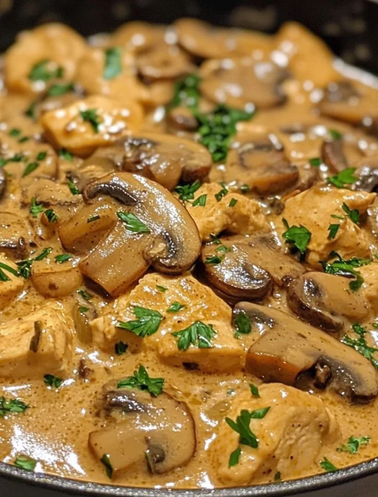 Poulet Stroganoff aux Champignons servi dans une assiette élégante.