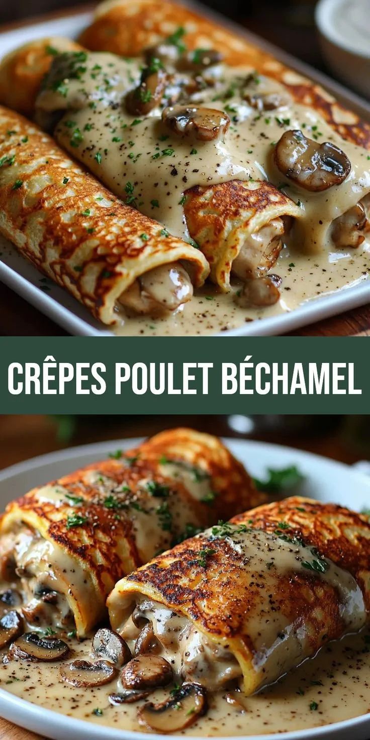 Crêpes roulées au poulet et béchamel prêtes à déguster sur une assiette.