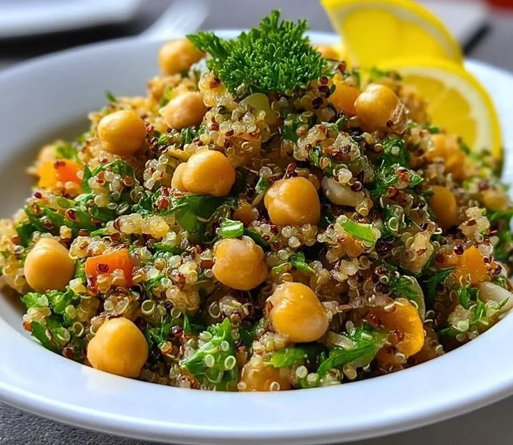 Quinoa citronnée aux pois chiches dans un bol coloré