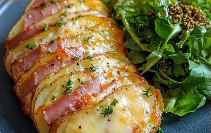 Rôti de pommes de terre au jambon avec fromage fondu, plat savoureux et réconfortant.