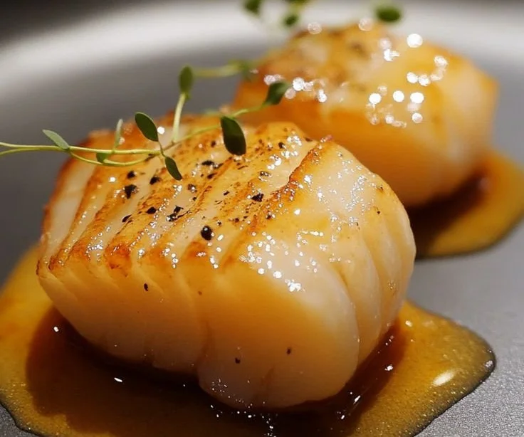Saint-Jacques à la Clémentine, accompagnées de miel et gingembre, plat gourmet.