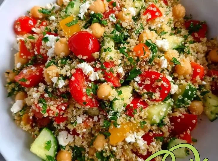 Salade de quinoa et pois chiches fraîche et colorée dans un bol