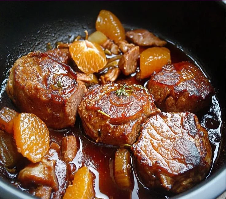 Filet mignon de porc à l'orange et au gingembre, plat gourmet savoureux.