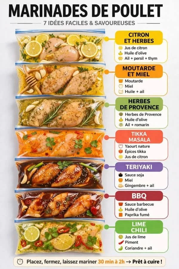 Recettes de marinades pour poulet avec citron, moutarde miel, herbes de Provence, et autres.