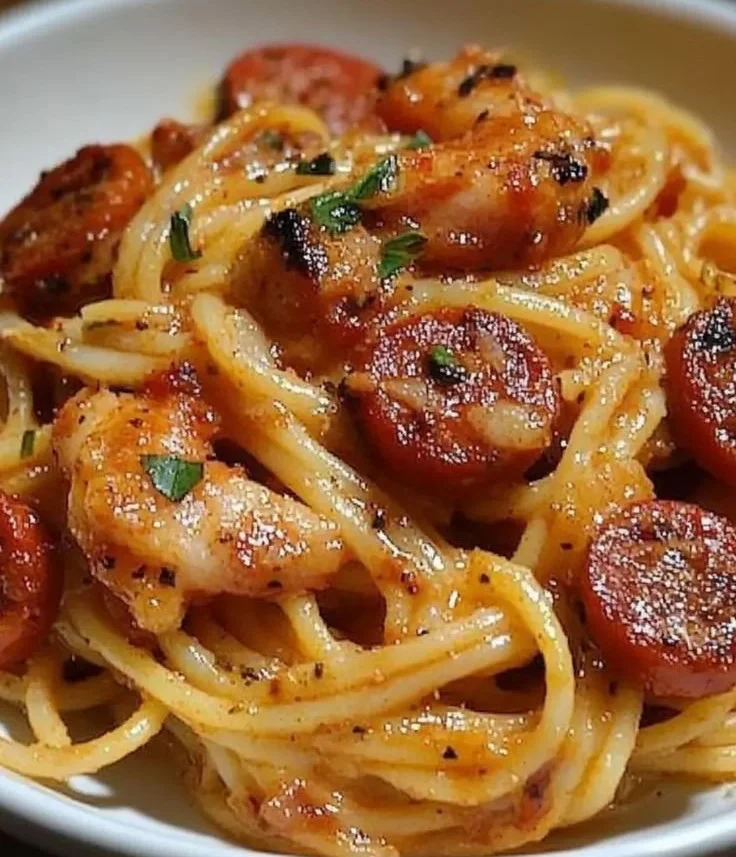 Spaghetti à la Crème de Poivron, Chorizo et Crevettes dans une assiette garnie.