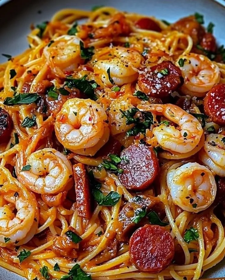 Spaghetti with cream of bell pepper, crunchy chorizo, and melting shrimp