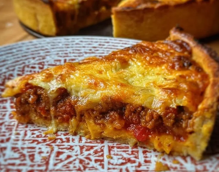 Tarte à la tomate garnie de viande hachée et fromages fondants