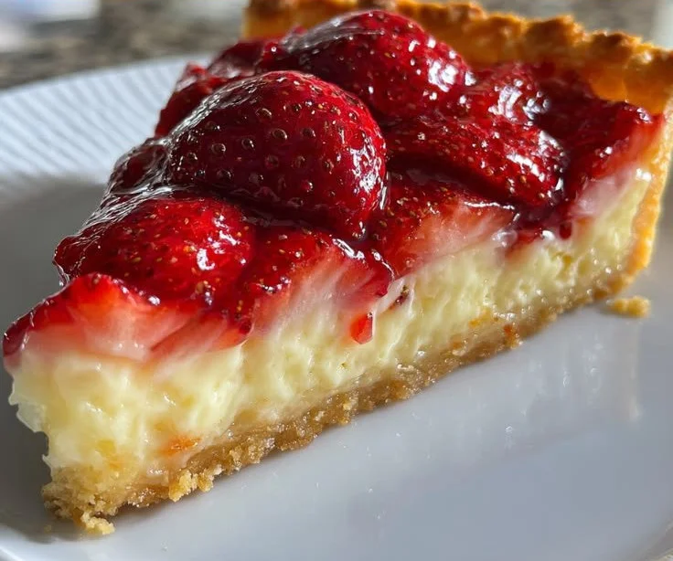 Tarte aux fraises garnie de fruits rouges et crème pâtissière.