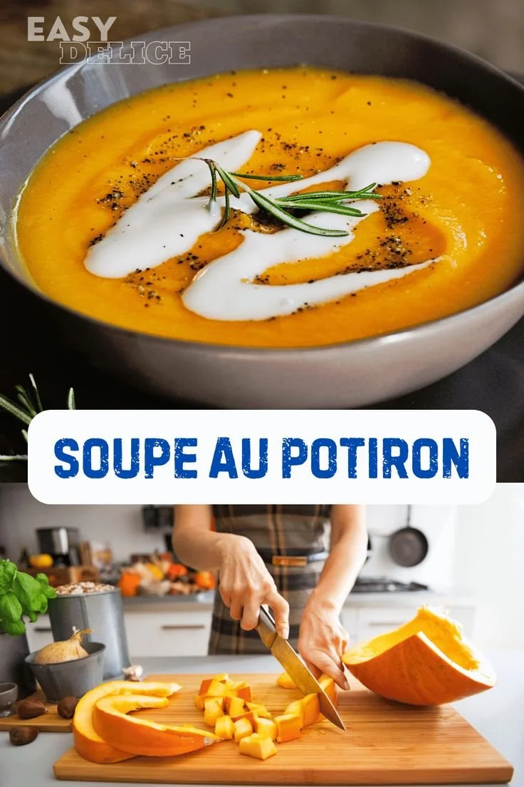 Bol de velouté de potiron garni de crème et de graines de courge