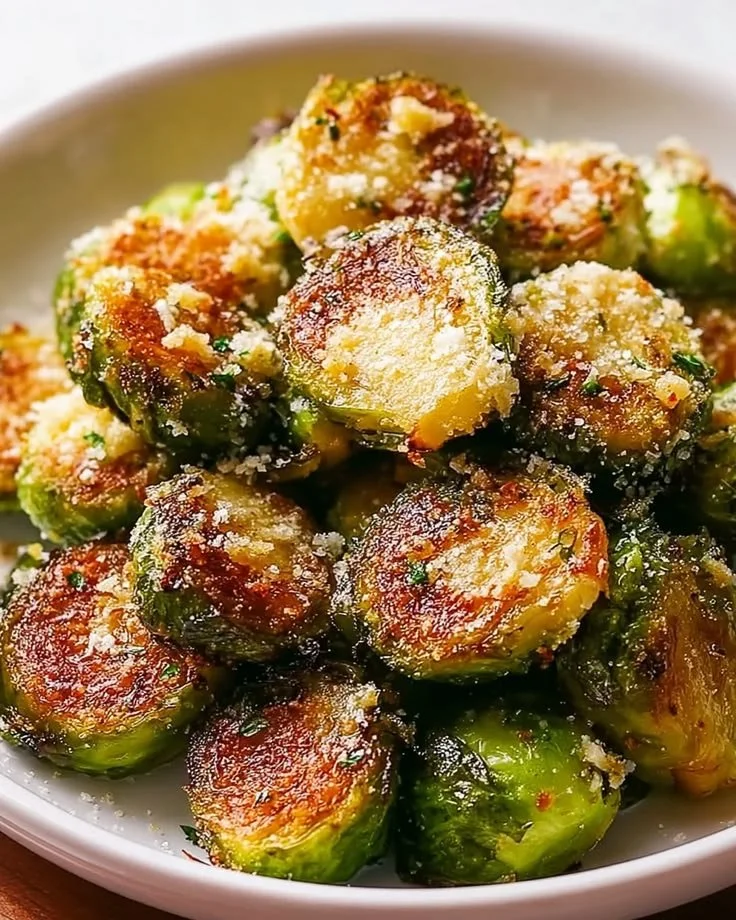 Choux de Bruxelles rôtis à l'ail et parmesan sur un plat, aperçu appétissant
