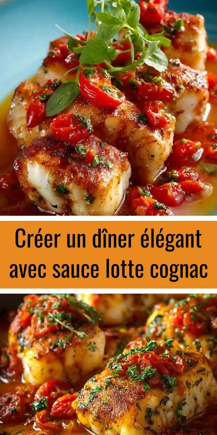 Dîner élégant avec lotte sauce cognac, présentation raffinée en table