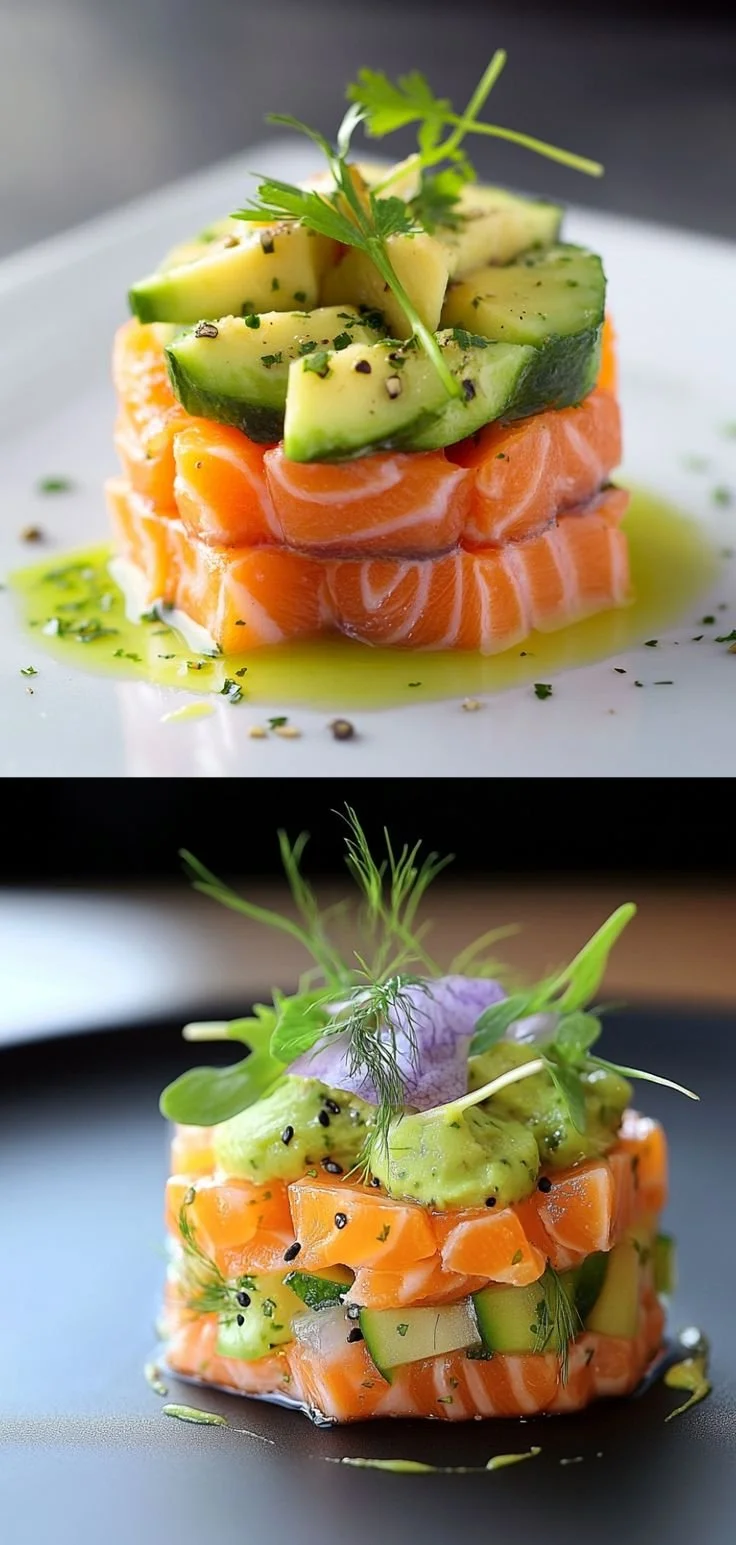 Tartare de Saumon avec mousse d'avocat crémeuse en présentation élégante