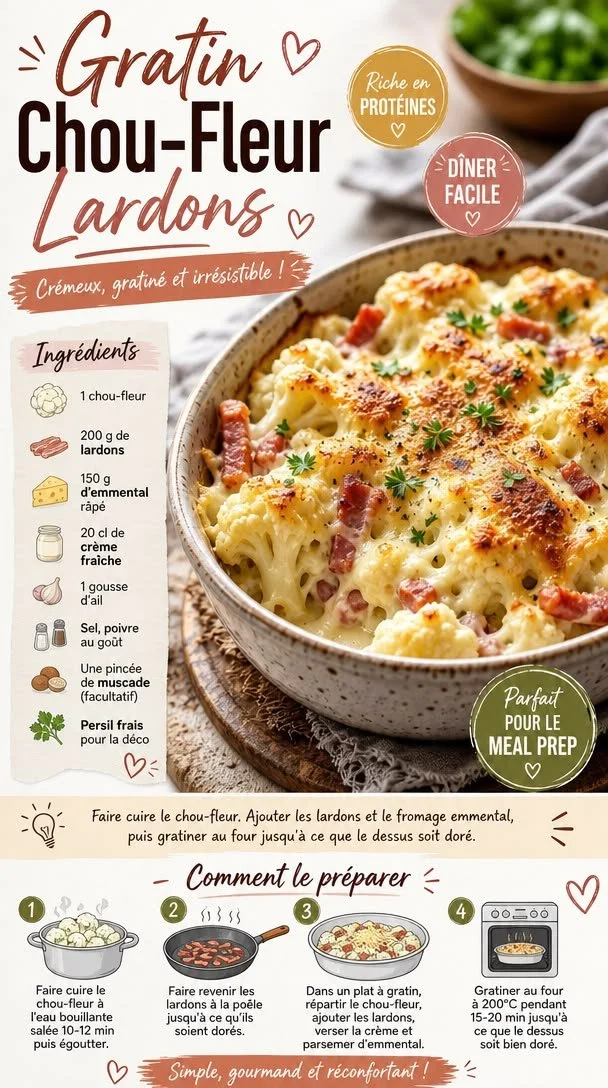 Gratin de chou-fleur lardons, un plat réconfortant pour l'hiver en famille.
