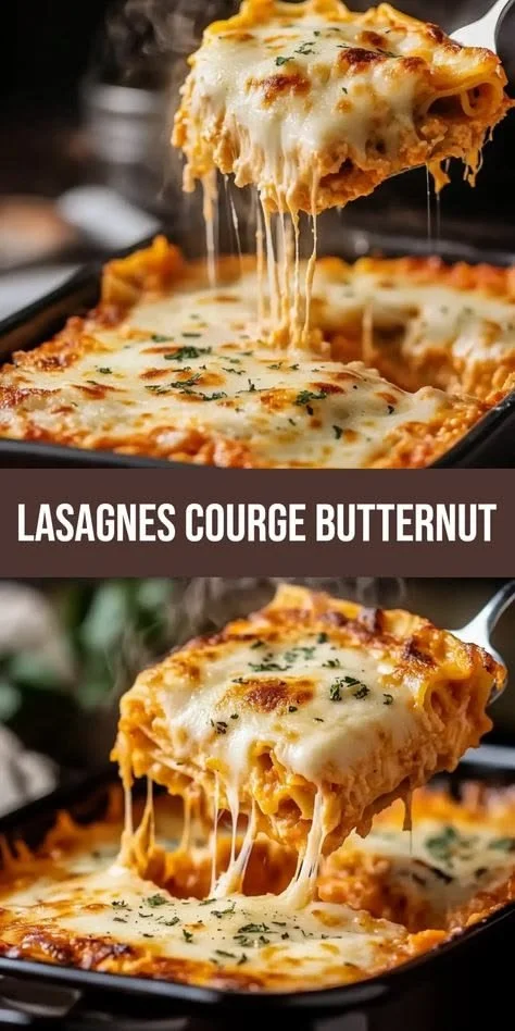 Lasagnes à la courge butternut avec sauce tomate, un plat chaleureux et savoureux.