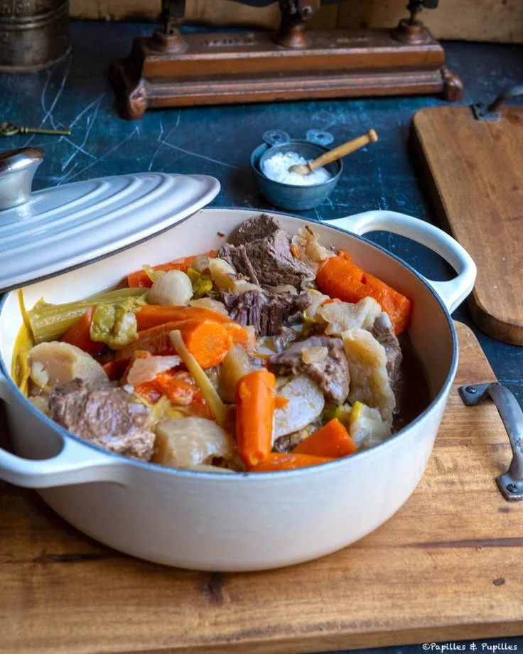 Pot-au-feu de ma maman avec légumes et viandes dans une cocotte