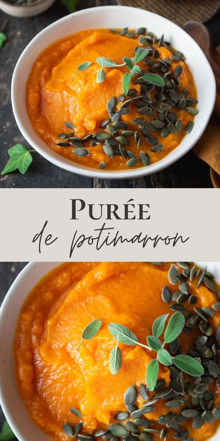 Purée de potimarron crémeuse servie dans un bol avec des herbes fraîches