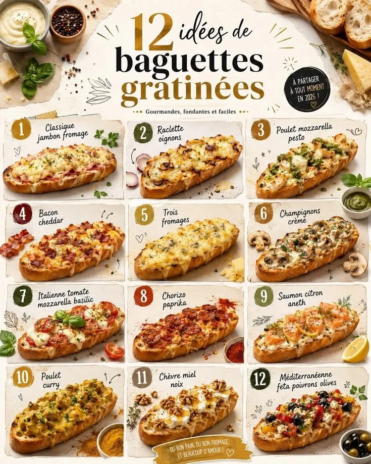 Baguettes gratinées avec jambon, fromage, raclette et oignons - recettes délicieuses