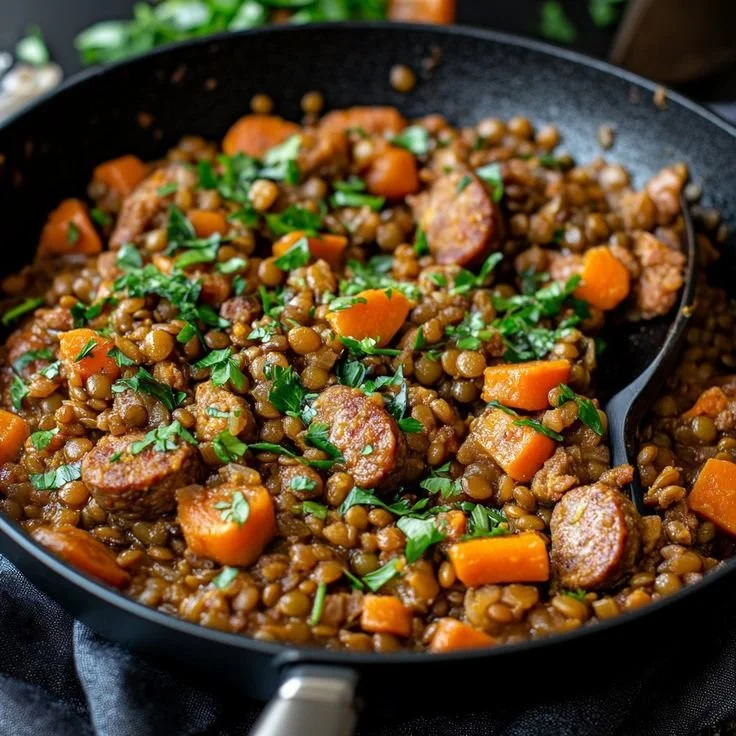 Poêlée de lentilles avec carottes et saucisses dans un plat savoureux