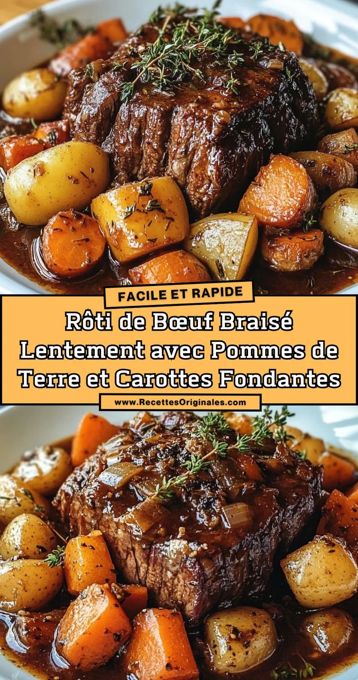 Rôti de bœuf braisé fondant présenté avec des légumes et des herbes fraîches.
