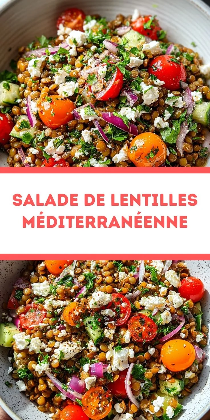Salade de lentilles méditerranéenne fraîche et colorée, idéale pour un dîner.