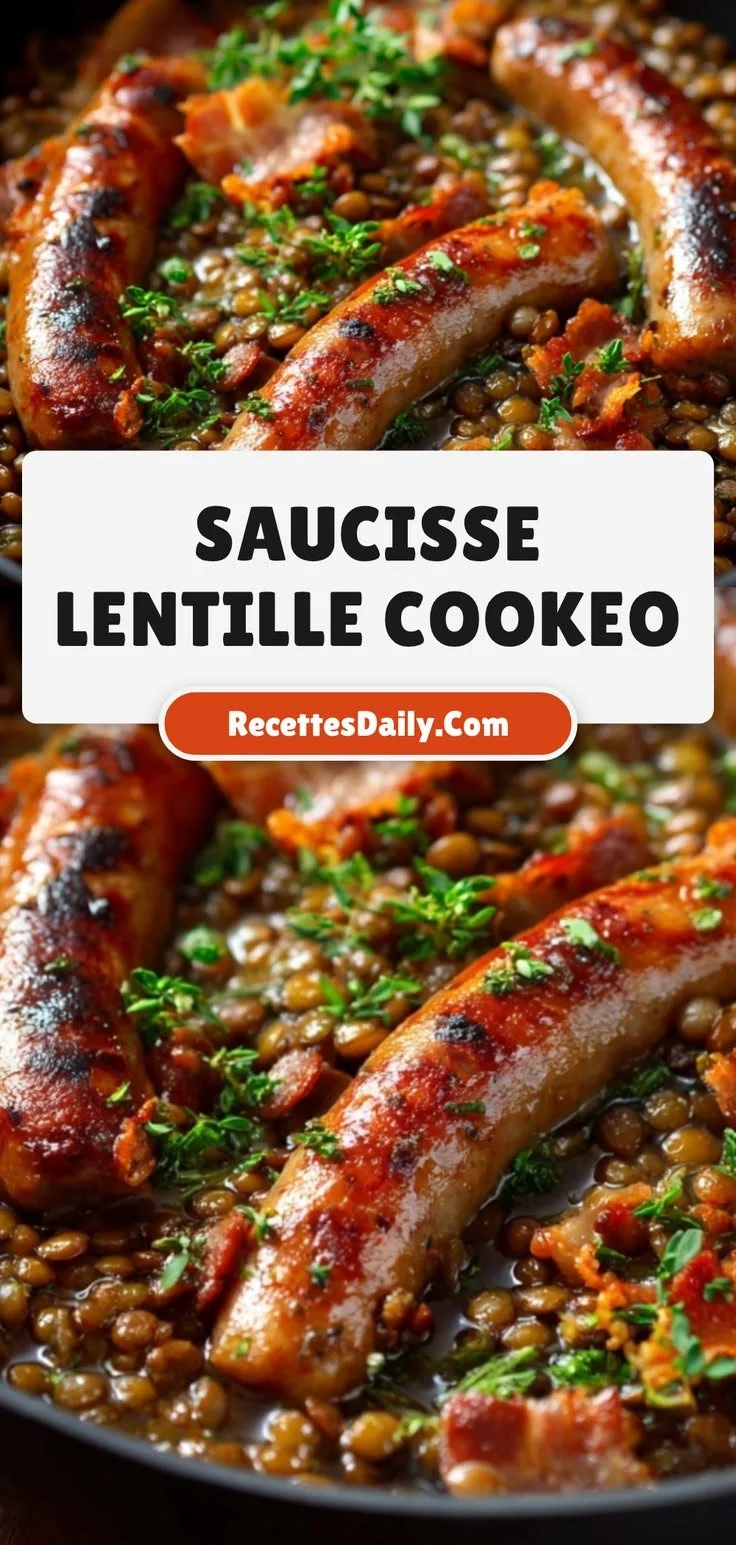 Saucisses lentilles mijotées prêtes à être servies pour un dîner rapide et savoureux.