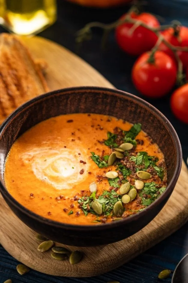Soupe de potiron à la crème sure et graines de potiron sur une table en bois