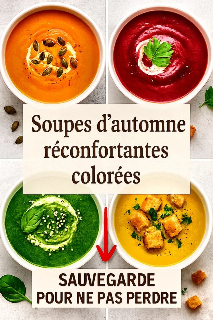 Assiette de soupes d’automne variées et colorées, idéales pour se réchauffer.