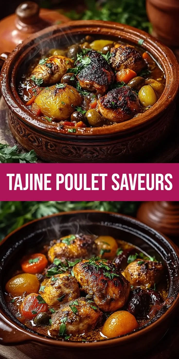 Tajine de poulet aux saveurs marocaines, plat traditionnel coloré et appétissant.